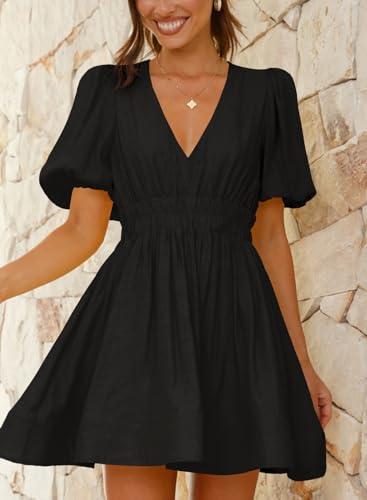 Women Sexy V Neck Mini Dress 2025 Summer Puff Sleeve A Line Elastic High Waist Flowy Swing Dresses2