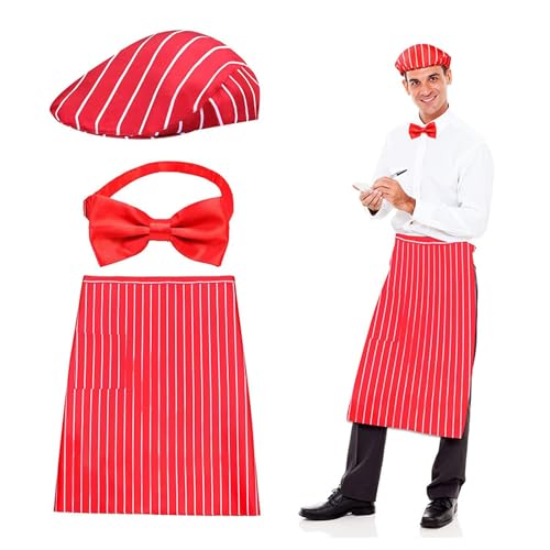 Kit de costume de serveur 3 pièces pour adulte, tablier rayé rouge et blanc avec 1 poche, chapeau de chef et nœuds papillon rouges, déguisement de carnaval des années 1950, déguisement de hot-dog