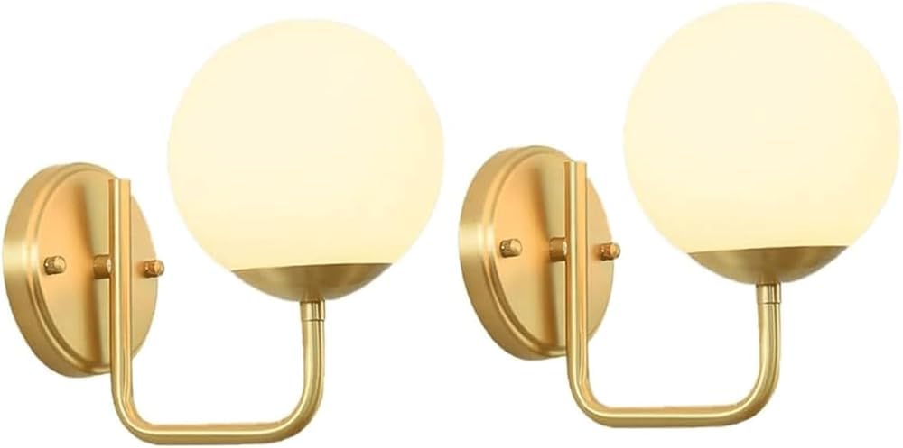 HPTHLY 2 Pack Gold Wall Sconces Bedroom Bedside Wall Light White Glass Shade Wall Lamps With Brass Base For Hallway Doorway