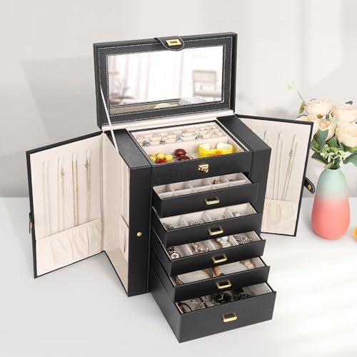 Kendal Extra Large Jewelry Box Jewelry Case PU Leather 6 Tier 5 Drawers Large Storage Capacity with Mirror Jewelry Storage Organizer Great Gift Also Good For Watches LJC-SHD5BK (black) - Thumbnail 4