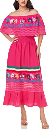 Image of YZXDORWJ Women Embroidered Mexican Peasant Casual Sexy Lace Off-Shoulder Long Dress