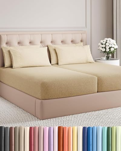 Image of Split King 7 Piece Bed Sheet Set - Breathable & Cooling - Heathered Tan | Ultra-Soft Hotel Luxury Bedding Set w / 8-16 Inch Deep Pockets, 1 Flat & 2 Fitted Sheet & 4 Pillowcases, Wrinkle & Fade Free