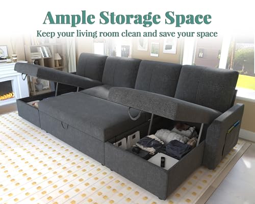 VanAcc Sleeper Sofa, 110 inch Oversize - 2 in 1 Pull Out Bed, Sectional Sleeper Sofa with Double Storage Chaise for Living Room, Grey Linen Couch