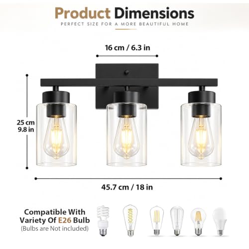IZORRO Bathroom Light Fixtures, Modern Vanity Lights, Bathroom Lighting Fixtures Over Mirror with Clear Glass Shade, Wall Sconce for Living Room Cabinet Bedroom (Matte Black, 3-Light) - Image 2