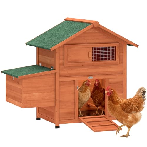 PawHut Poulailler en Bois avec Pondoir et Perchoir - Toit en Bitume Étanche et Fenêtre de Ventilation - Abri Extérieur pour 2 Poules de Jardin avec Tiroir de Déjection Amovible, Orange