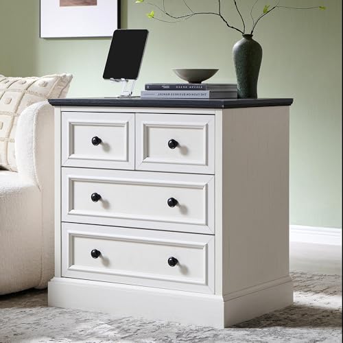 Image of ACCOHOHO 26 inch W Nightstands Set of 2, Farmhouse End Table with 4 Drawers for Storage, Nightstand with Charging Station for Bedroom, Off White