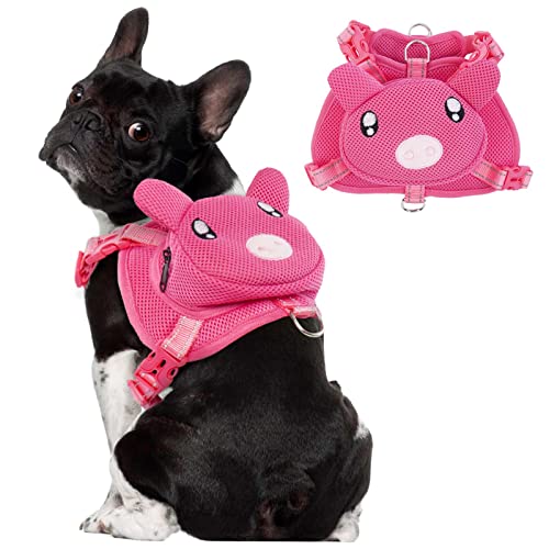 OUOBOB Dog Harness with Backpack No Pull Pet Harness Vest, Cute Pink Pig Dog Saddle Bag Adjustable Mesh Dog Carrier Backpacks for Hiking Training and Daily Walking, Dog Carriers for Small Medium Dogs