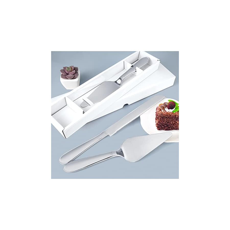 Cake Cutting Set for Wedding, Elegant Cake Knife and Server Set with Thickened Stainless Steel and Rounded Edges, Cake Cutter and Pie Spatula for Birthday Anniversary Christmas Gift Set of 2, Silver
