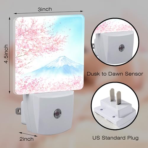 Image of Cherry Blossoms with Mountain Fuji Night Light Plug into Wall, Watercolor Pink Flowers Dusk to Dawn Night Light,0.5w Energy Saving Sleep Friendly Nightlights for Kids Boys Girls Home