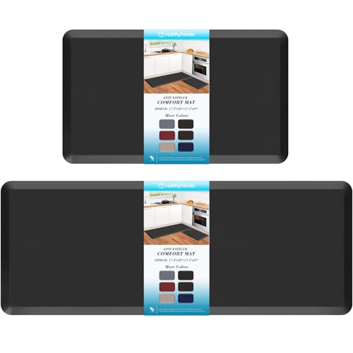 HappyTrends 2 PCS Kitchen Mat Cushioned Anti-Fatigue Floor Mat, Heavy Duty Ergonomic Comfort Foam Standing Mat,20"x30"+20"x47",Black