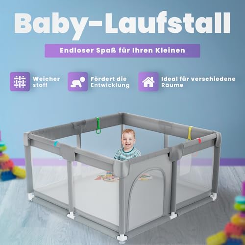 JUPPLIES Laufstall Baby 120×120 cm – Laufgitter mit seitlicher Tür & atmungsaktivem Netz, rutschfest und stabil, Metallrahmen – ohne Spielmatte
