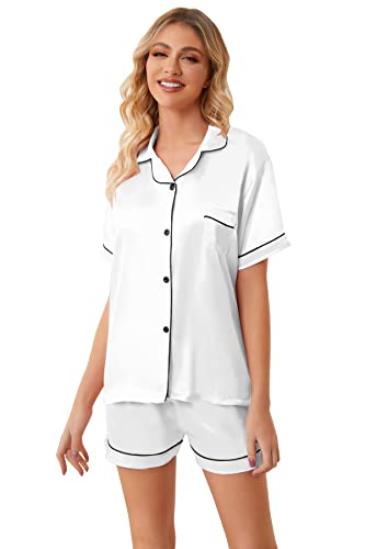 Image of Umeyda Women & Girls Pajamas Set, 2 Piece PJS Satin Silk Sleepwear Button-Down Top with Shorts for Mom Kids Gifts