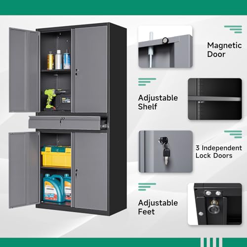 Image of Letaya Metal Garage Storage Cabinet with Drawer,4 Door Tool Cabinet with Lock-2 Adjustable Shelves for Garage Home Office Utility Room (Black & Gray)