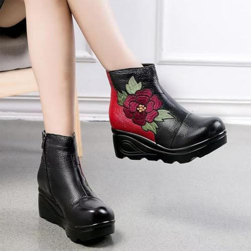 Women's Genuine Leather Embroidery Flowers Platform Ankle Boots with Side Zipper Comfy Memory Foam Insole Soft Sole Anti-slip National Style Booties Outdoor Short Boots2