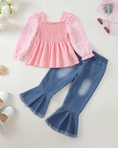Image of Kucnuzki Toddler Kids Girl Clothes Long Sleeve Shirt Tops Baggy Jeans Cute Pants Set Baby Girl Outfit 2 Piece Clothing