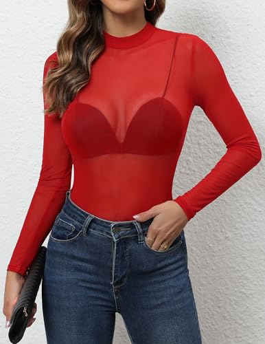 Mesh Top for Women Long Sleeve Mock Neck Mesh Shirt Sheer Top Solid Floral Tee Shirts S-XXL