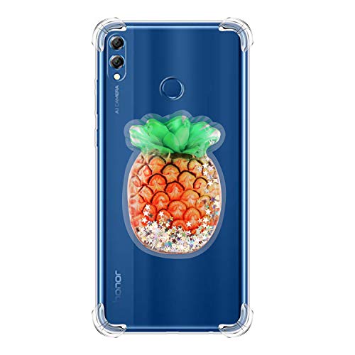 Jorisa Case for Huawei Honor 8X,Crystal Clear Skin with 3D Liquid Bling Sequin Pattern and Long lanyard,Shock Absorption Air Cushion Rubber Silicone Protection Case,Pineapple