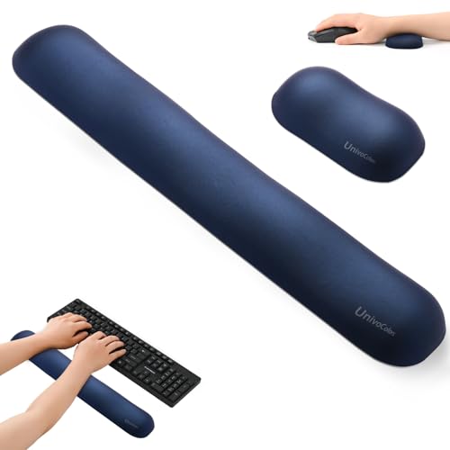 Image of UnivoColors Design-Wave Set of Wrist Rest,Artificial Sheepskin+Memory Foam+Ergonomic+Anti-Slip Gel, Resilience Support During Work and Gaming,Keyboard Accessory,Navy