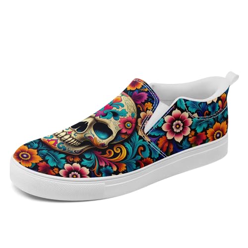 Women's Colorful Gothic Skull Slip-On Loafers Canvas Sneakers with Floral Tattoo Art, Casual Comfortable Streetwear Shoes Men