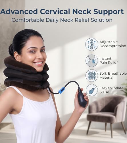 Image of Dimore Inflatable Brace Pillow Cervical Traction Device Adjustable Stretcher,Ideal for Spine Alignment and Chronic Pain Relief. (Brown)