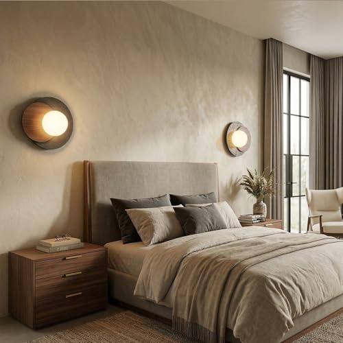 Image of Natural Travertine Wall Sconce, Minimalist Walnut & Stone Wall Light with G9 LED Bulb, Modern Geometric Globe Wall Lamp for Bedroom Bedside, Hallway, Living Room, Warm Organic Decor