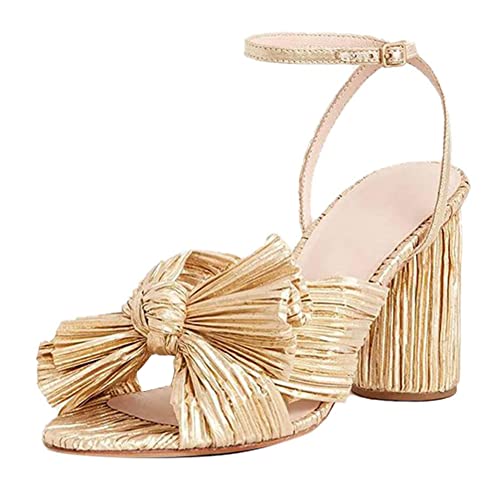 Mikarka XLX0738-GOLD(8CM)-38 Women'S Pleated Knotted Bow Heeled Sandals cover