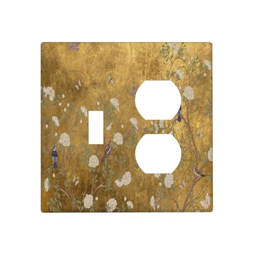 Decorative Outlet Covers Vintage White Flowers Birds on Golden Background 2 Gang Outlet Cover Wall Plate Single Toggle Duplex Light Switch Cover Plate Switch Plate Covers