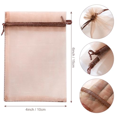 Image of Hopttreely 100pcs Organza Gift Bags, Light Brown 4 inchx6 inch(10x15cm) Mesh Bags Drawstring Gift Bags Jewelry Pouches for Candy Wedding Favors Christmas
