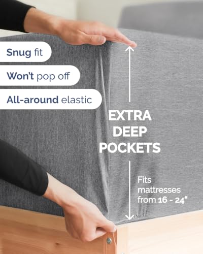 Image of Extra Deep Flex Top Split Head King Fitted Sheet - Hotel Luxury Single Fitted Sheet Only - Easily Fits 18 inch to 24 inch Mattress - Ultra Soft, Wrinkle Free w /Extra Deep Pockets - Heathered Grey