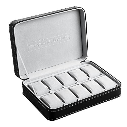 OSVINO 10 Slots Watch Box Zippered Travel Case Luxury PU Leather Watch Storage Box Jewelry Collection Display Holder Organizer for Men Women