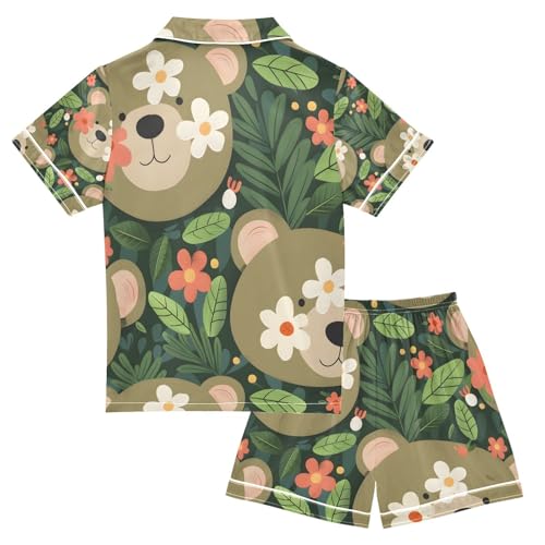 senya Cute Face Bear Flower Satin Summer Pajama Sets Silk Short Sleeve Button Down Sleepwear2