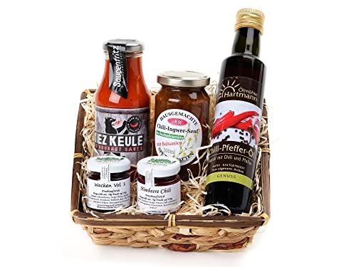 Chili Feuer Geschenkset mit Chili Ketchup Chili Senf Chili Öl Chili Fruchtaufstrich Chili Honig | gut als Männergeschenk Geschenkkorb für Mann Freund Männer zu Weihnachten zum Vatertag zum Geburtstag Geburtstagsgeschenk Ehemann bester Freund Sohn Kollege Mitarbeiter Geschenke Weihnachtsgeschenkidee Cover