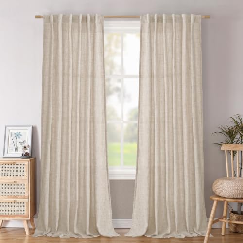 BGment 98 Inches Long Linen Curtains for Living Room, Natural Rod Pocket Textured Burlap Drapes Rustic Light Filtering Floor Length for Bedroom Back Tab, 2 Panel Set, 52 Inch Wide Each Panel