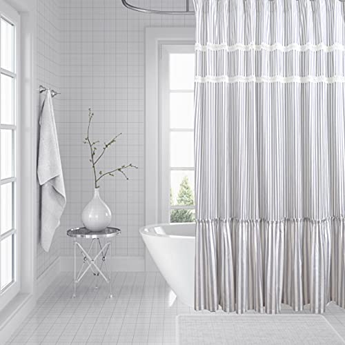 Richroof Fabric Shower Curtain Gray White Striped Curtains For Bathroom With Lace Ruffle Farmhouse Bath Curtain For Shower 72X72 #TOP5