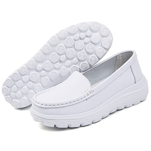 Medasain Women's Lightweight Work Nursing Shoes Non-Slip Comfortable Walking Shoes Restaurant Work Shoes Leather Loafers Nurse Shoes White