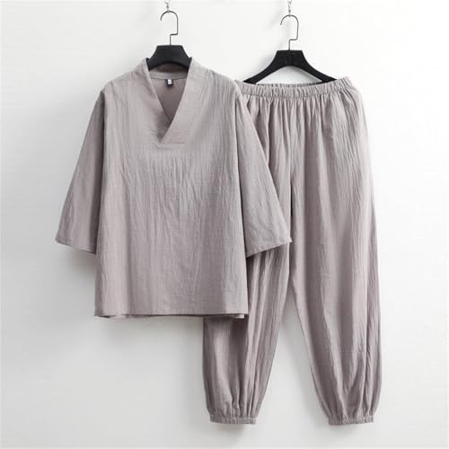 2025summer 3/4 Sleeve V-Neck Fashion T-Shirt Men's Two-Piece Linen Clothing Beach Casual Suit Comfortable Home Wear3