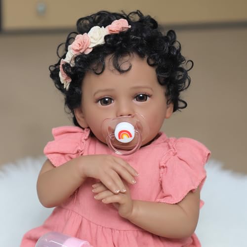 SCOM Realistic Reborn Baby Doll - 18 Inch Black African American Girl, Real Lifelike Dolls with Soft Weighted Body, Poseable Real Baby Reborn Gift Toy for 3+ Years Old Kids