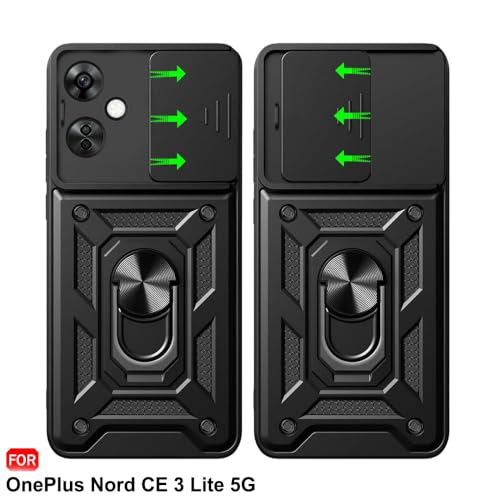 Image of TheGiftKart Tough Armor Bumper Back Cover Case for OnePlus Nord CE 3 Lite 5G | Ring Holder & Kickstand in-Built | 360 Degree Protection Back Cover Case (PC & TPU, Sliding Camera Cover, Black)