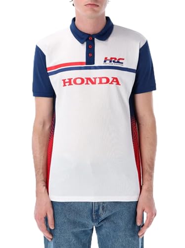 Polo della collezione ufficiale Honda HRC Racing. Base bianca con inserti blu e rossi. Stampe iconiche sul fronte e sul retro. Chiusura del colletto a bottoni. Composizione: 100% poliestere.