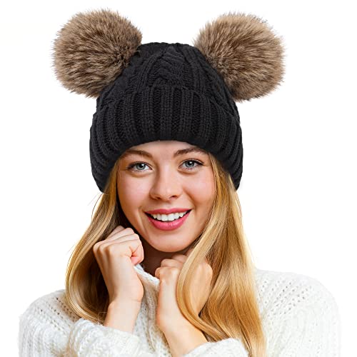 Jasmine Black Pom Pom Beanie for Women - Fleece Lined Ski Snow Winter Hat