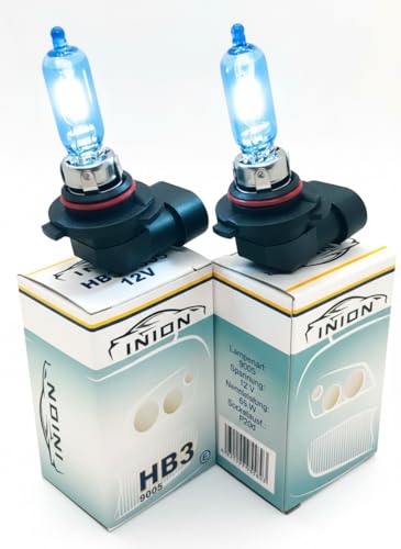INION 2x Stück HB3 60W 12V 9005 GAS Xenon Optik mit echtem Xenon-Gas gefüllt Halogen Lampen Glühlampen Super White Birnen Autolampen Zugelassen