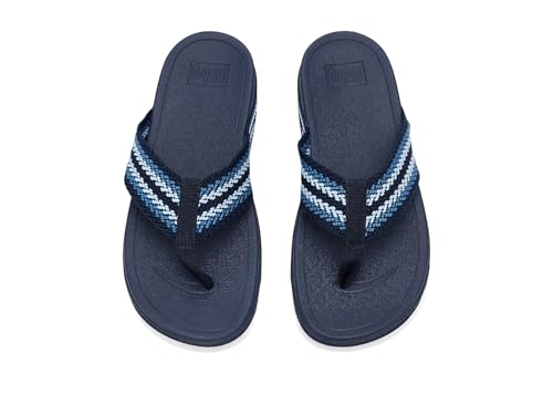 Image of FitFlop, Womens, Surfa Stripe-Webbing Toe-Post Sandals, Cosmic Blue Mix, 8.5, Medium