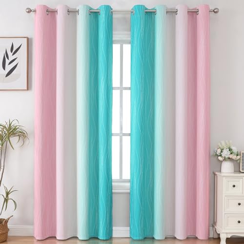 Estelar Textiler Pink and Teal Ombre Blackout Curtains 90 Inches Long 2 Panels Set, Thermal Insulated Drapes for Bedroom, Full Light Blocking Grommet Gradient Curtains for Living Room, 52Wx90L