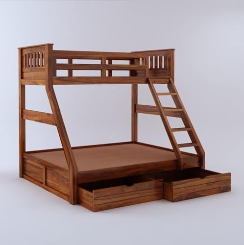 Image of Custom Decor Sheesham Wood Bunk Bed | Wooden Double Bed Bed Furniture for Bedroom | Living Room | Home (Taper-N)