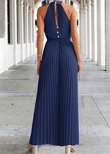 Kirundo 2023 Women Summer Halter Neck Sleeveless Pleated High Waist Belted Dressy Wide Leg Pant One Piece Jumpsuits Romper(Navy, Small) #TOP4