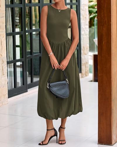 BTFBM Women's 2025 Summer Casual Sleeveless Midi Dress Patchwork Knit Tank Bubble Long Flowy Beach Maxi Sundress Pockets