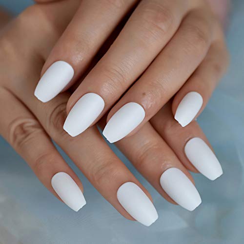 EchiQ Coffin Fake Nails Matte White Frosted Press On Nails with Adhesive Tabs Medium