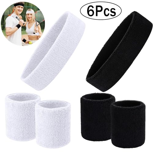 6 Pcs Sweatband Set Cotton Sport Athletic Headband Reusable Wrist Sweat Bands for Cycling Running Tennis Basketball - Image 3