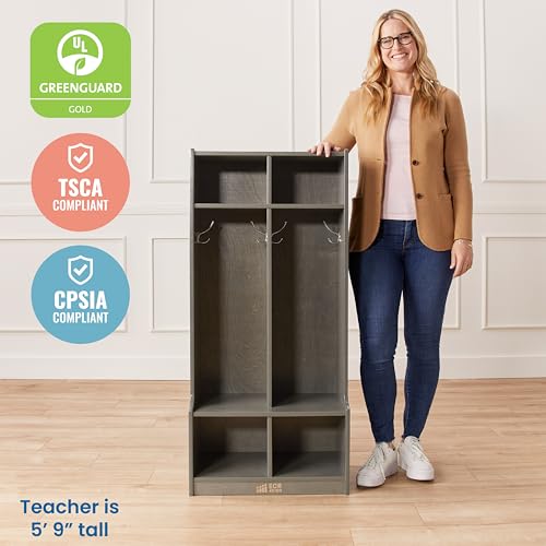Image of ECR4Kids 2-Section Coat Locker with Bench and Cubby Storage, Classroom Furniture, Grey Wash