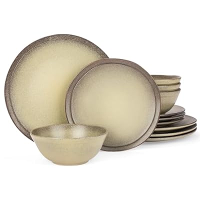 Famiware Aegean Plates and Bowls Sets, Dinnerware Set for 4, 12-Piece Stoneware Scratch Resistant Dinner Set, Handmade Irregular Round Dishes, Microwave and Dishwasher Safe, Matte Grey Green
